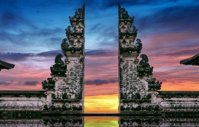 Sunset through the iconic temple gates at Lempuyang Luhur in Bali